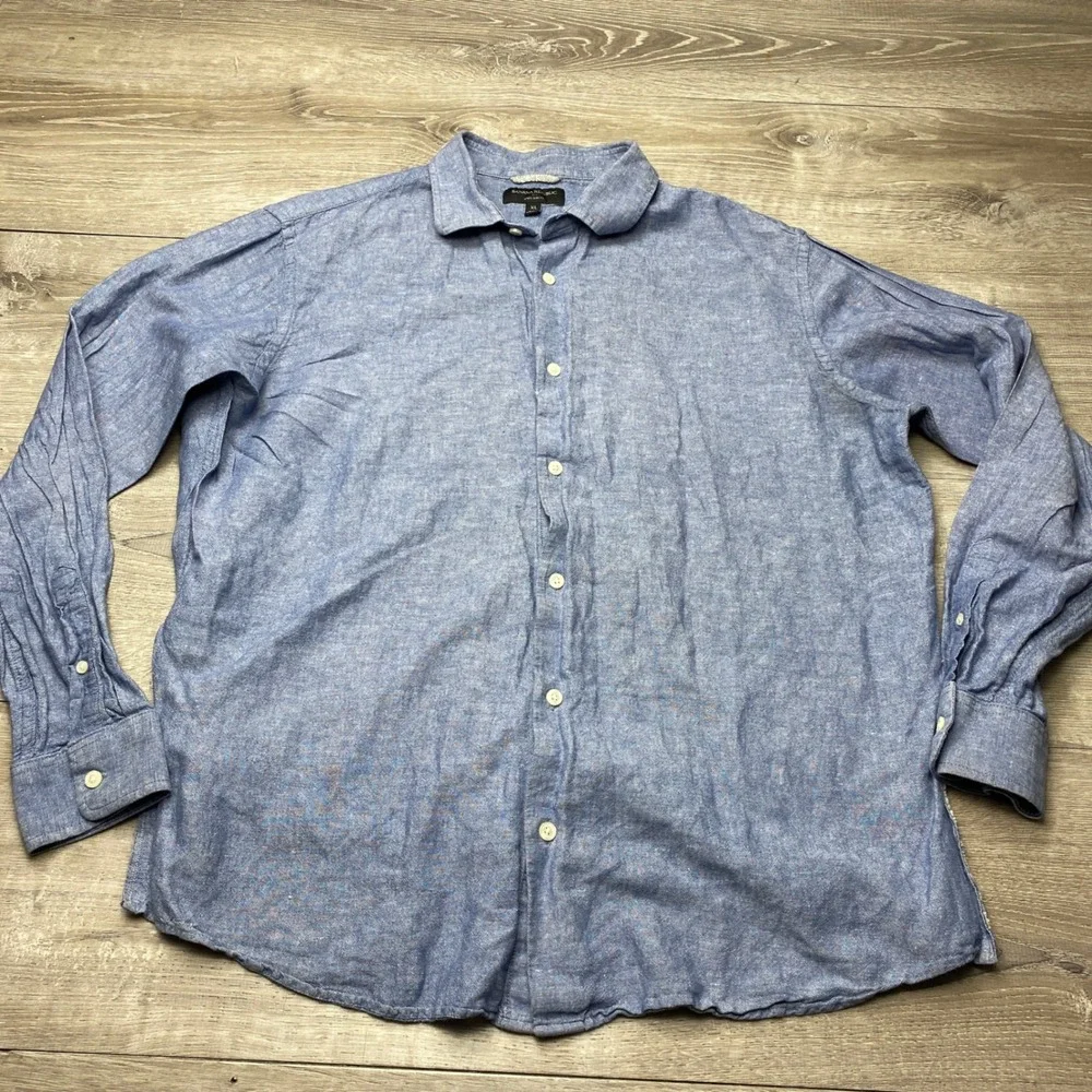 Banana Republic Shirt Linen Slim Fit Mens XL Blue Long Sleeve Button Down